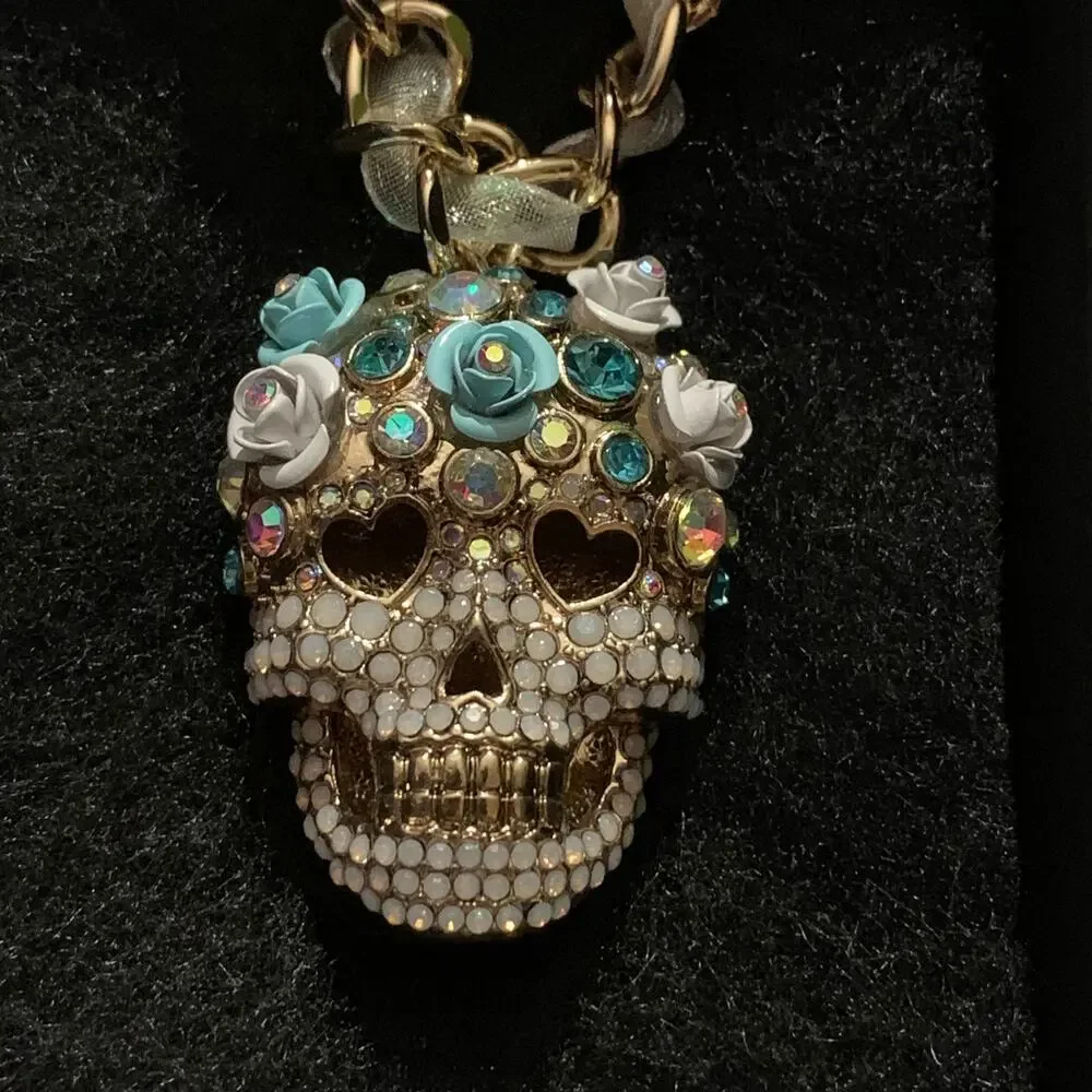Betsey Johnson Ribbon Chain Collar Choker Crystal Pave Sugar Rose Skull Necklace